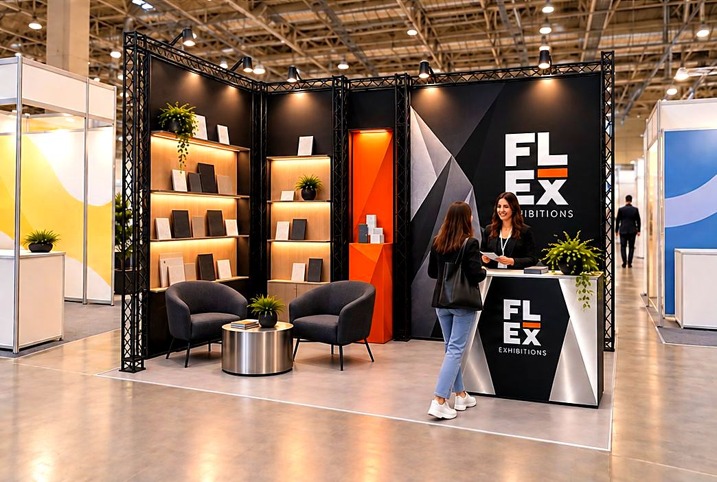 The same plot rebuilt in slim black lattice frame with lit shelving, two armchairs, an orange feature panel and a branded counter