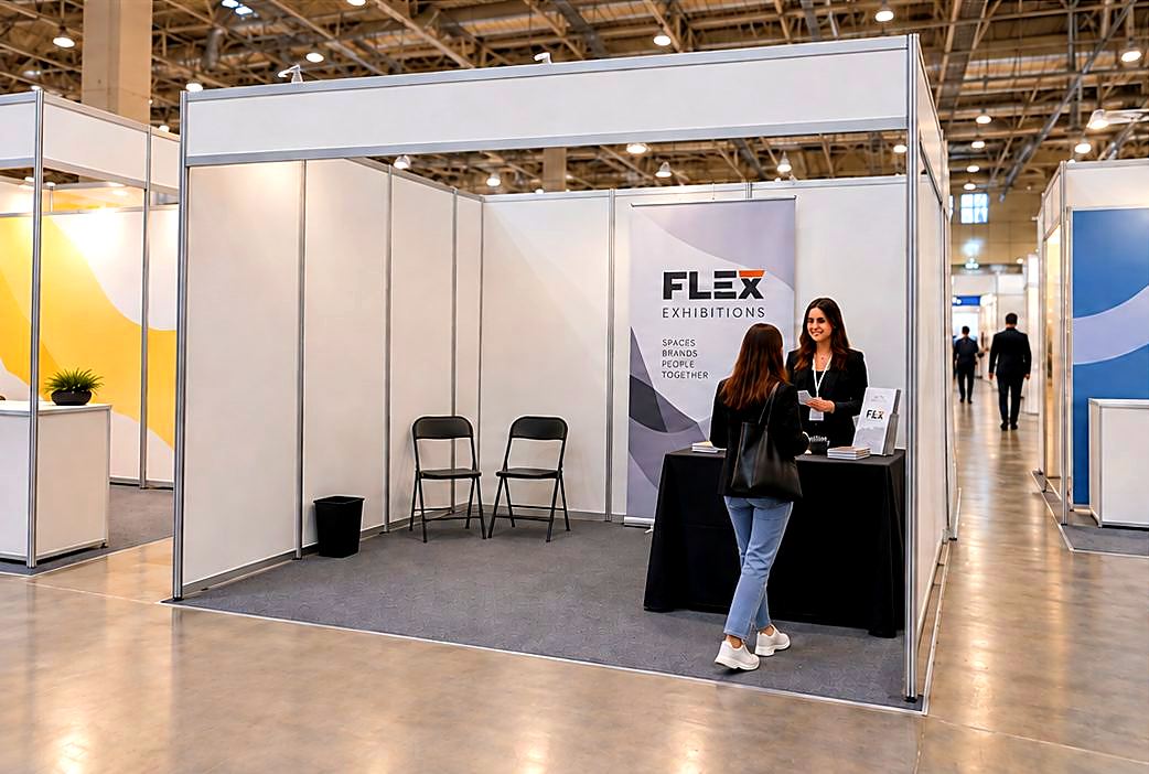 A plain white shell-scheme booth with a trestle table, two folding chairs and a roll-up banner