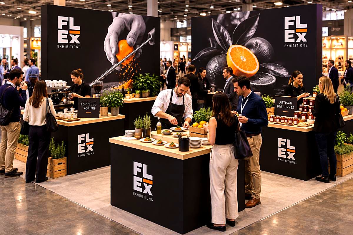 A food brand's stand where a chef serves visitors at a counter