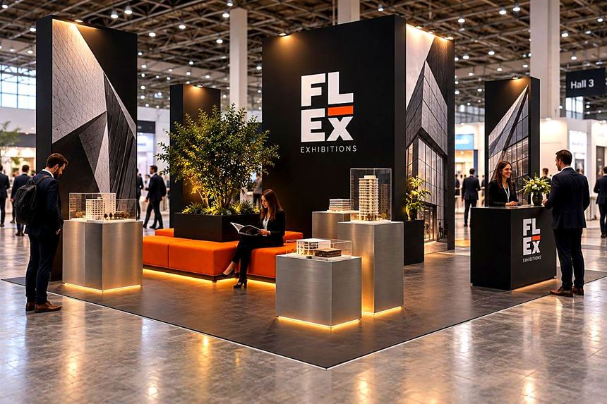 Visitors at an architecture stand with model plinths and orange seating