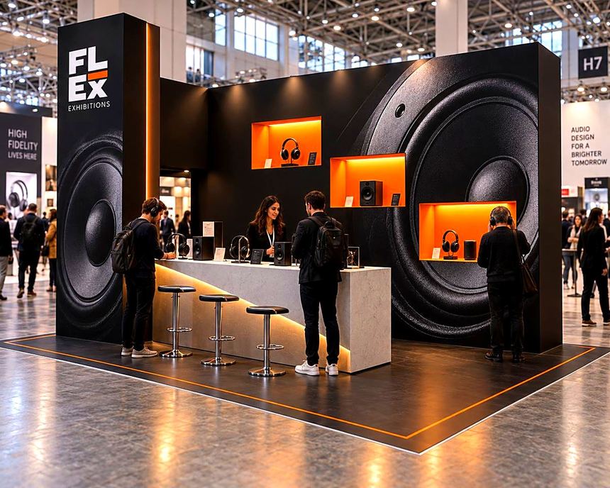 Audio brand stand with giant speaker graphics and lit product niches