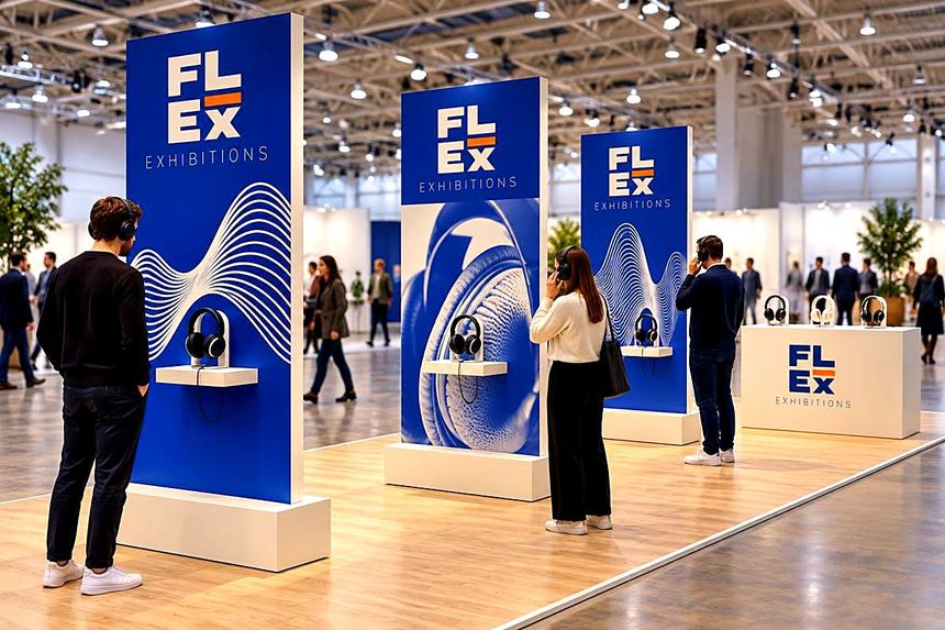 Audio brand walkthrough of tall cobalt panels with headphone displays