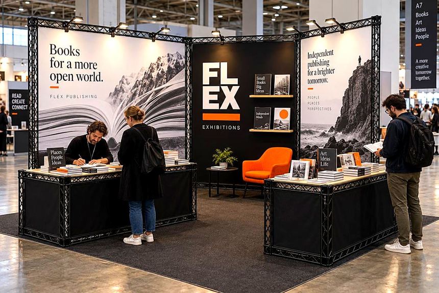 Publisher's stand with book displays and orange armchair