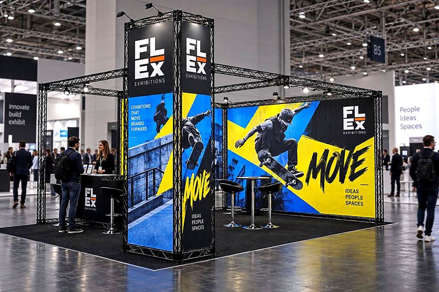 Urban sports stand in black lattice frame with cobalt and yellow skateboard graphics