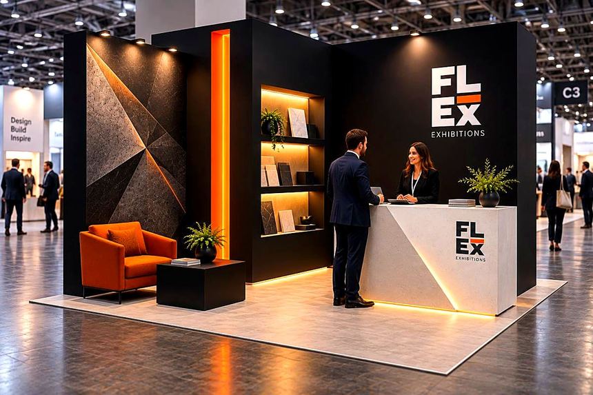 A corporate stand in black lattice frame with a meeting area and lit graphic walls