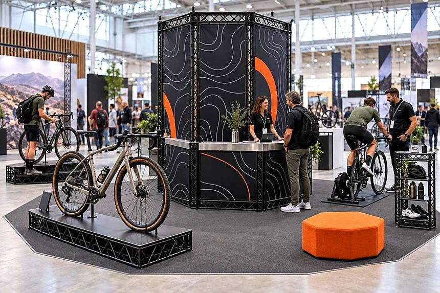 Octagonal cycling stand with bikes on lattice plinths