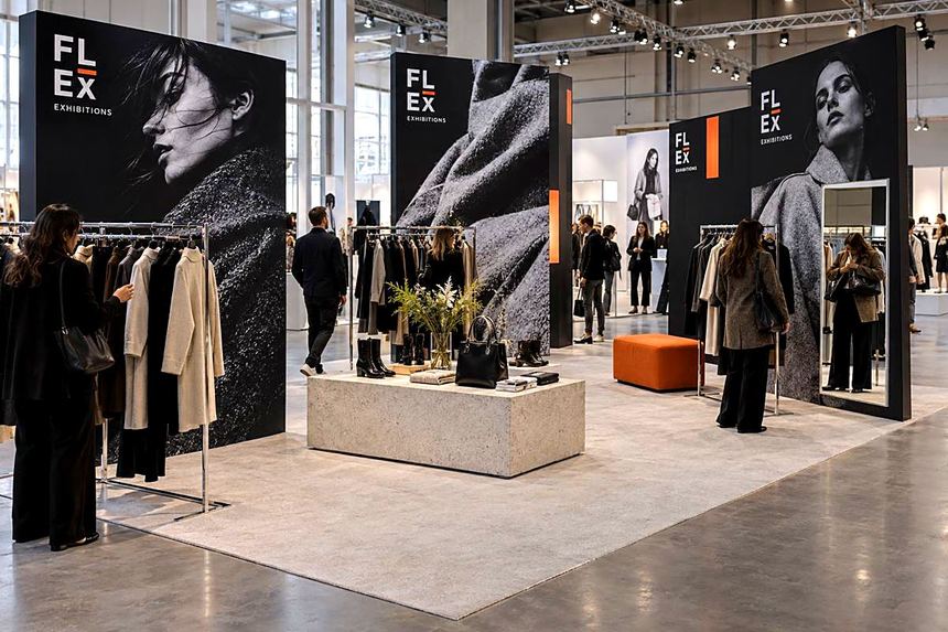 Fashion stand with clothing rails and monochrome portraits