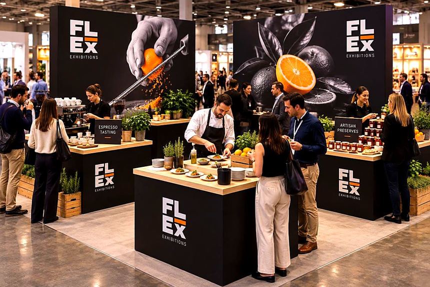 A food brand's stand where a chef serves visitors at a counter
