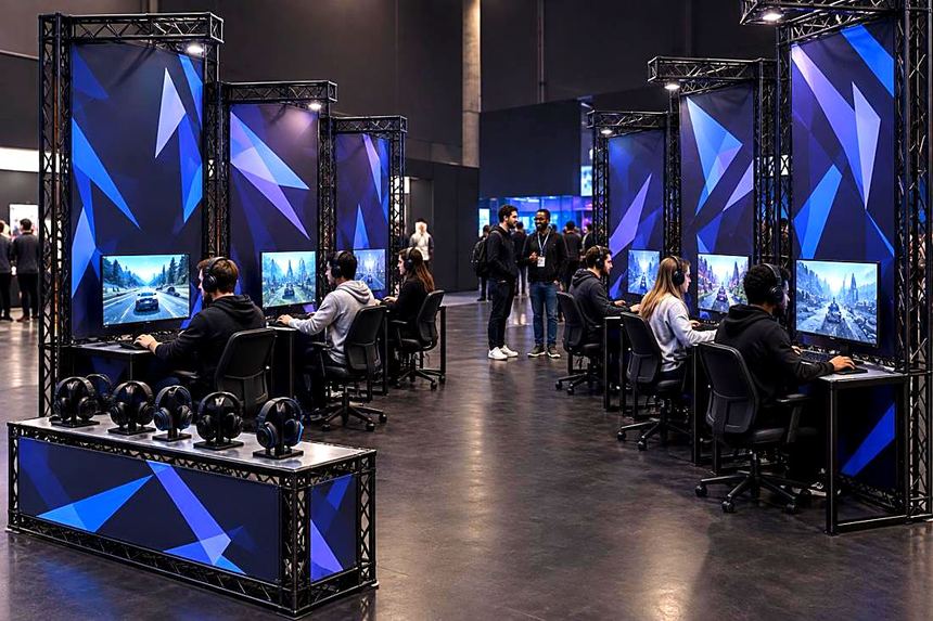 Gaming event with rows of screens framed in black lattice