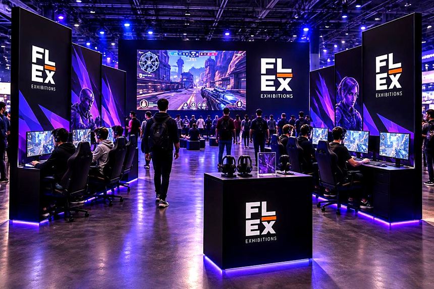 Gaming event with a big screen and rows of players under purple light