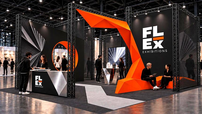 A FLEX exhibition stand in slim black lattice frame with black graphic walls and a folded orange form that becomes a bench