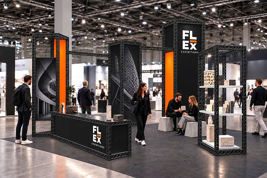 Open island stand of freestanding black lattice towers with a display counter