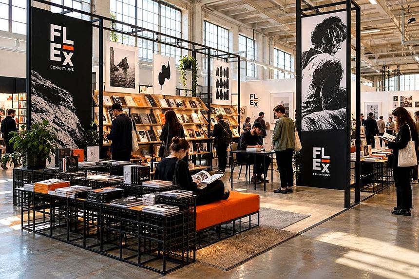 Publisher's stand set out like a reading room with lattice shelving