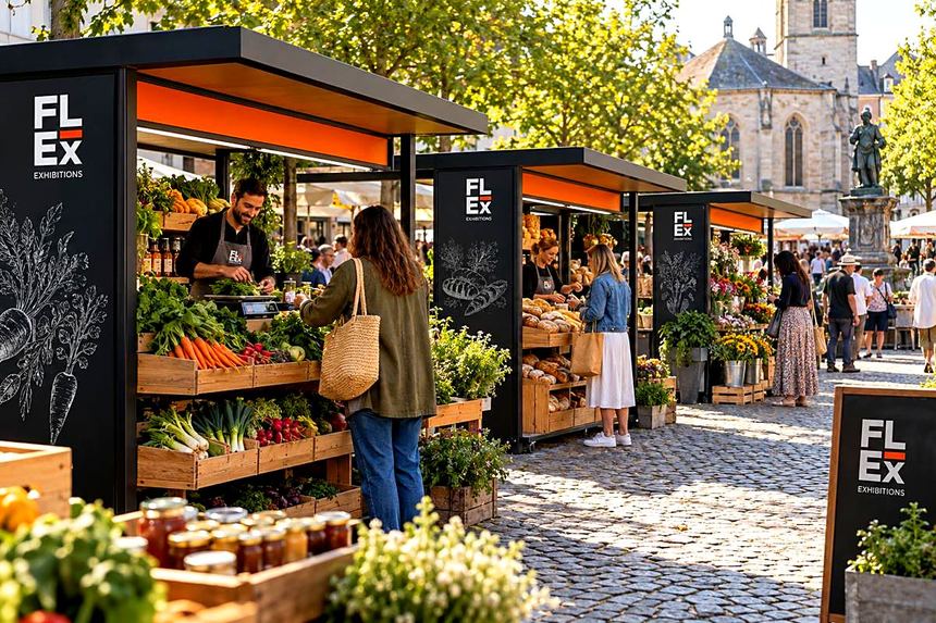 Farmers market stall built from black frame with timber crates and chalkboards
