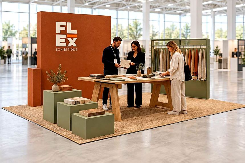 Terracotta island stand with a timber sample table and sage plinths