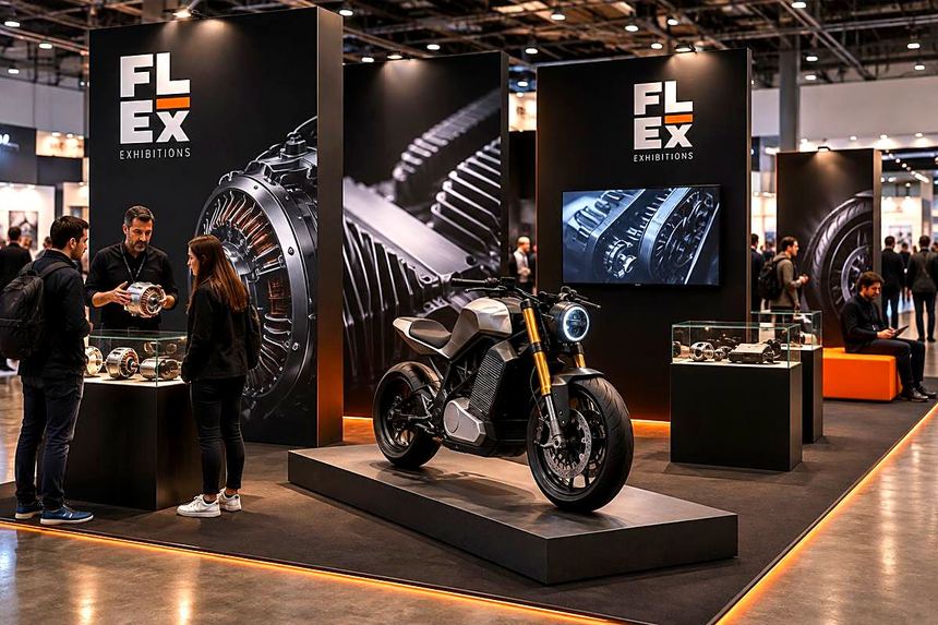 Motorcycle on a plinth in front of black engineering graphics