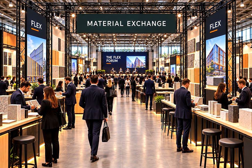 A materials trade forum built in black lattice frame, with sample tables, tall image panels and a forum stage