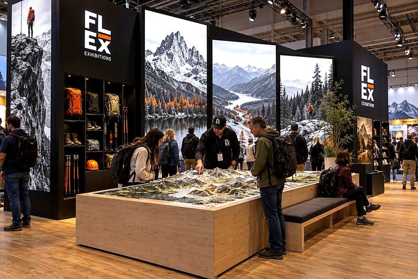 Outdoor gear stand with mountain photography and a timber display table