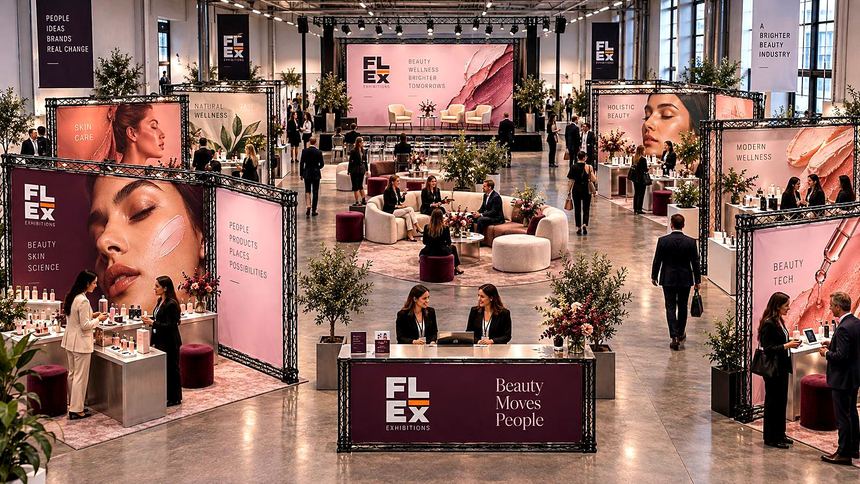 A beauty and wellness hall of black-frame stands with soft pink graphics, product tables and a lounge