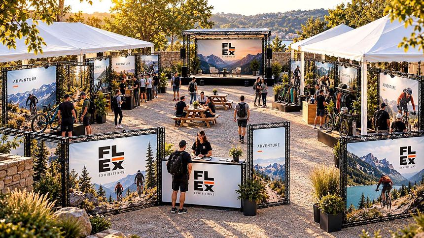 An outdoor cycling event with black-frame stands, mountain graphics, bikes and picnic tables