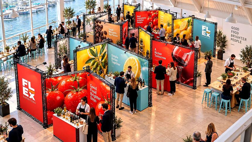 A food and drink hall with red, yellow and blue produce graphics and tasting counters