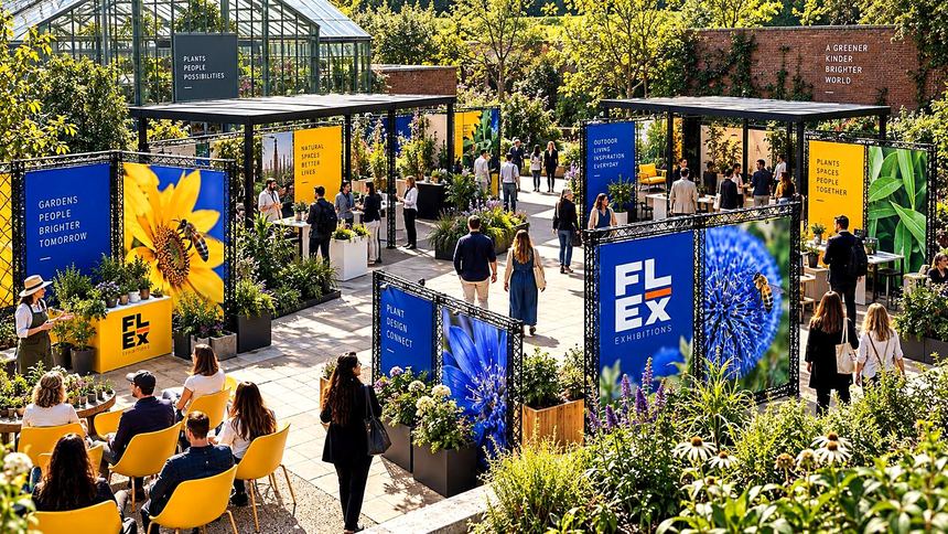 A garden show under glass with yellow and blue floral graphics and planting
