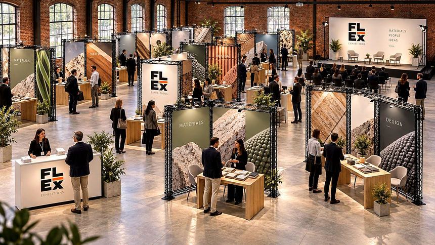 A materials exhibition in a brick hall, black-frame stands with stone and timber sample walls