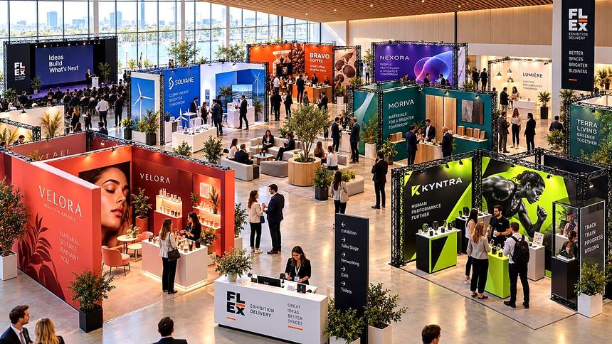 A multi-brand hall where every stand carries a different brand on the same black frame
