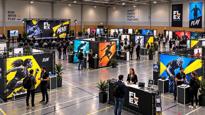 A sports hall event with bold black and yellow graphics, a stage and product plinths
