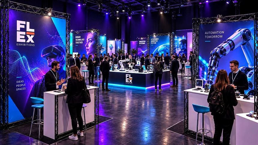 A technology event lit in blue and violet with robot arms, screens and demonstration tables
