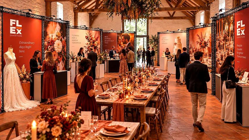 A wedding fair in a rustic hall with warm floral graphics, long tables and dress displays