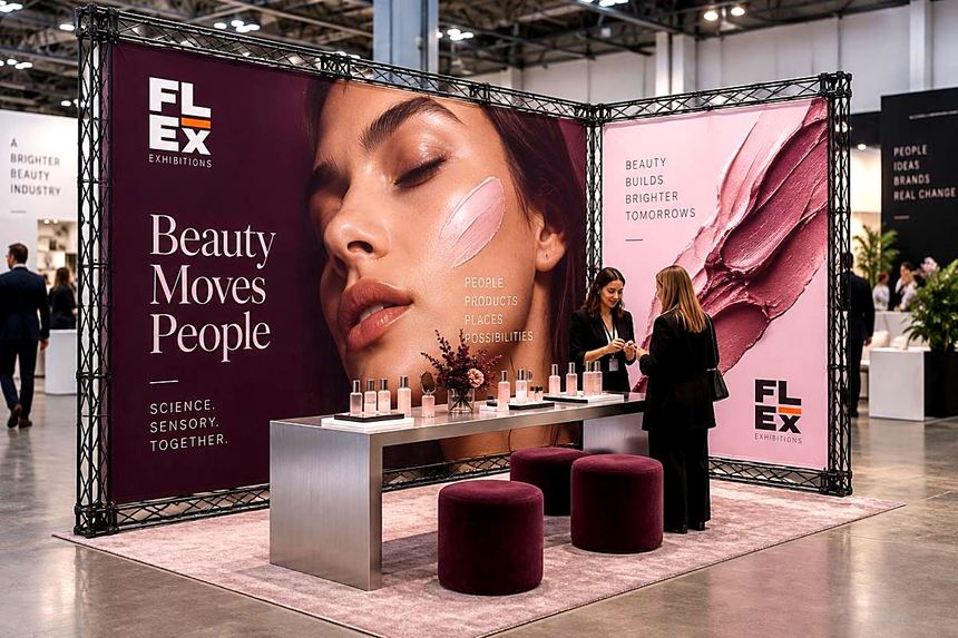 Beauty launch stand in black lattice frame with plum and pink graphics and a testing table