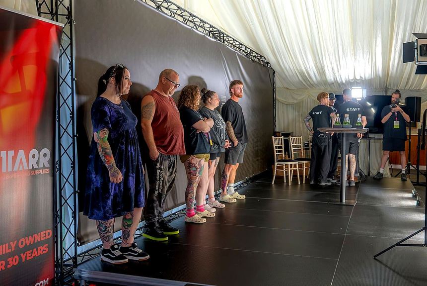 The main stage in use during the show, with competitors lined up and lighting on