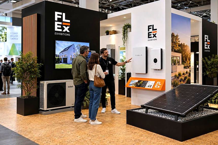 Renewable energy stand with heat pump, battery and solar panel displays