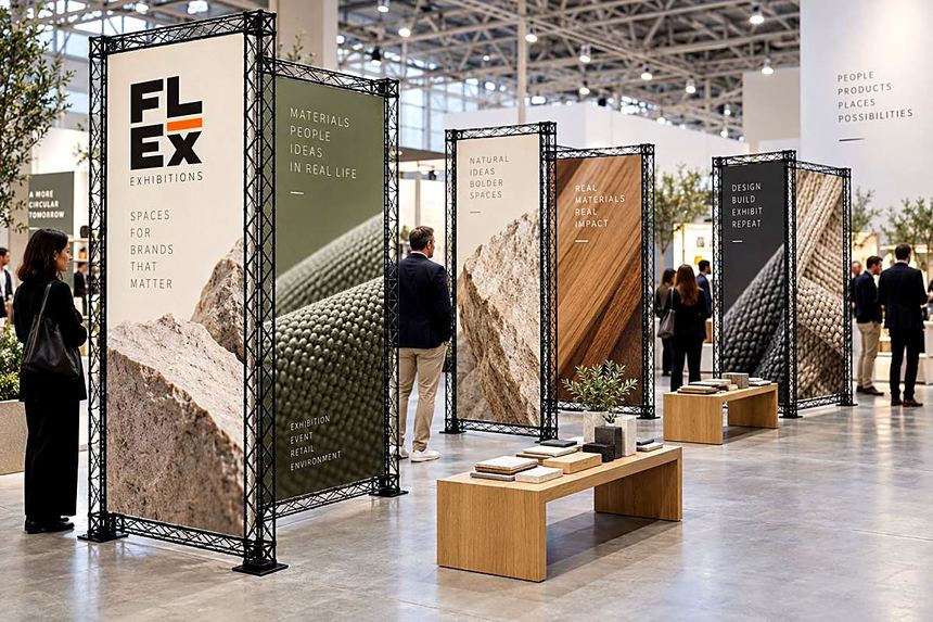 Walk-through materials gallery of staggered black lattice panels with stone and timber photography