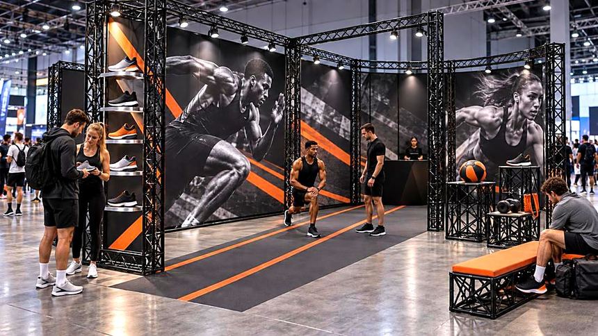 Sports brand stand with monochrome athlete graphics and an orange running lane