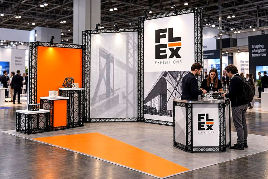 Stepped gallery stand in black lattice frame with monochrome architectural graphics and an orange bench