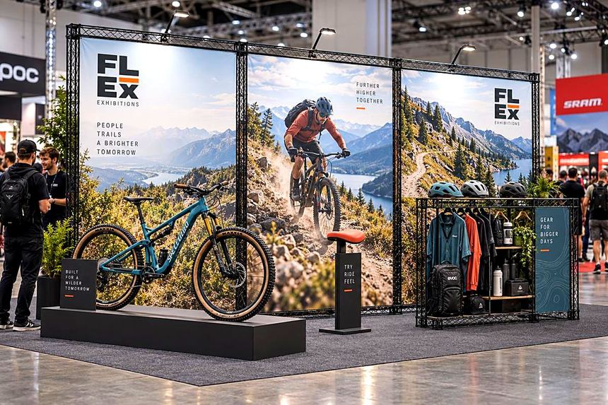 Three-bay cycling wall in black lattice frame with teal and coral mountain graphics