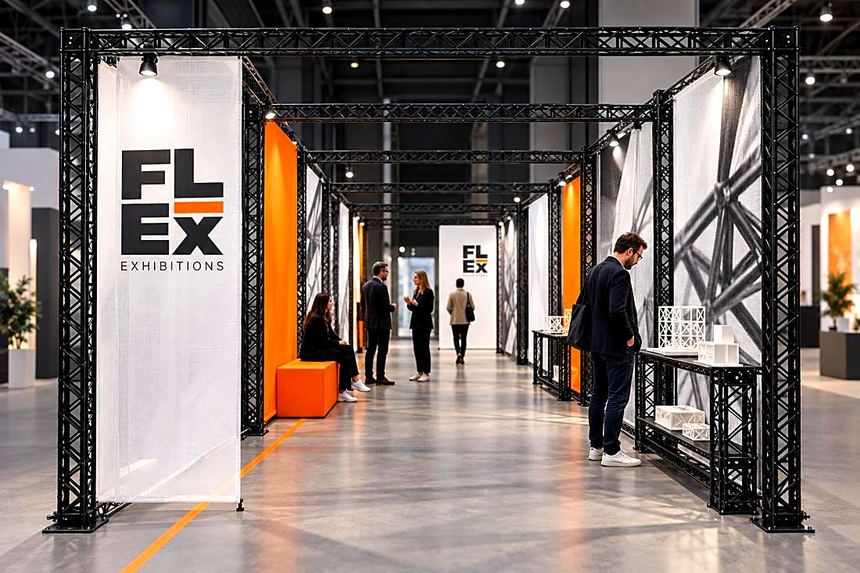A walkthrough of matching black lattice frames with white and orange panels