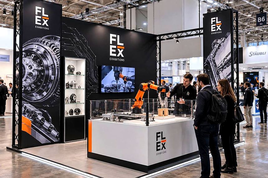 Watchmaker stand with black lattice frame, robot arm demonstration and product cases